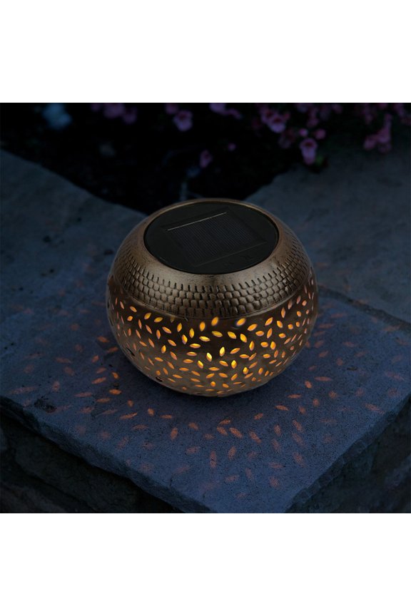 Solar Flickering Flame Lantern, Usupdd Solar LED Tabletop Lamp Warm Yellow Round Pot Light, Outdoor Decorative Lantern for Garden Yard Patio with Auto On Off, Brown