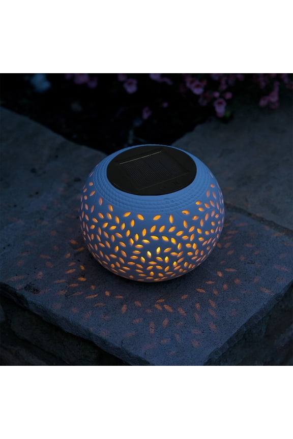 Solar Flickering Flame Lantern, Usupdd Solar LED Tabletop Lamp Warm Yellow Round Pot Light, Outdoor Decorative Lantern for Garden Yard Patio with Auto On Off, White