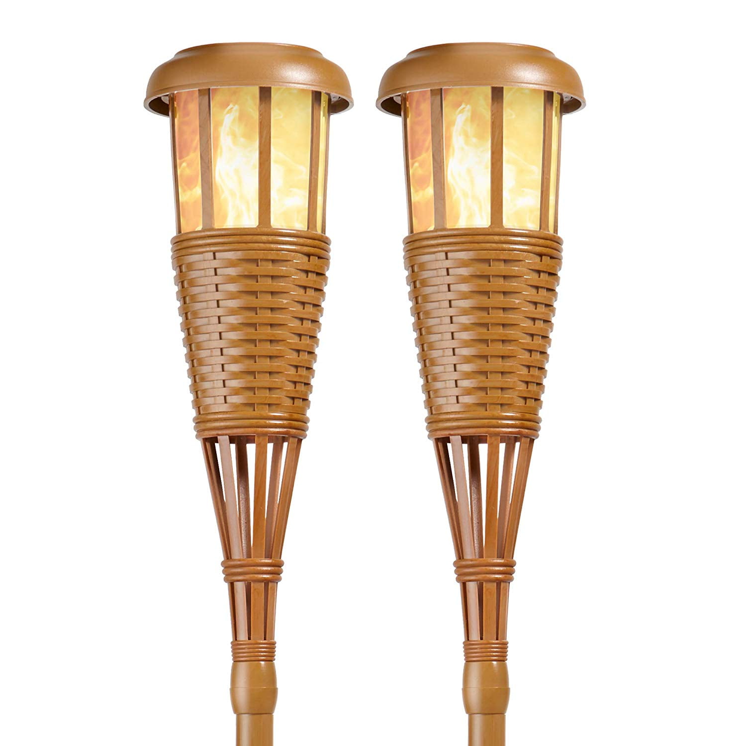 Solar Flickering LED Island Torches, Dusk-to-Dawn Dancing Flame Outdoor Landscape Lighting, Bamboo Finish, 2-Pack