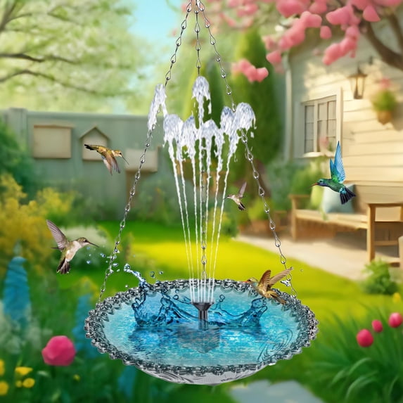 9.25" USB-Powered Hanging Birdbath with Fountain, Glass Floating Bird Feeder with 4 Nozzles for Outdoor Garden Decor