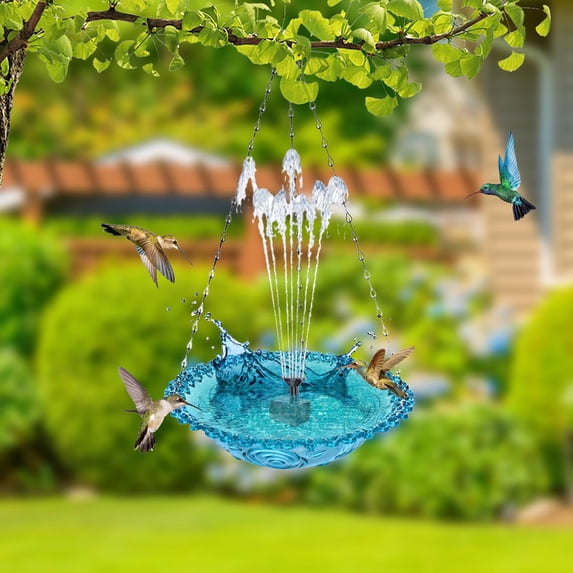 9.25" USB-Powered Hanging Birdbath with Fountain, Glass Floating Bird Feeder with 4 Nozzles for Outdoor Garden Decor
