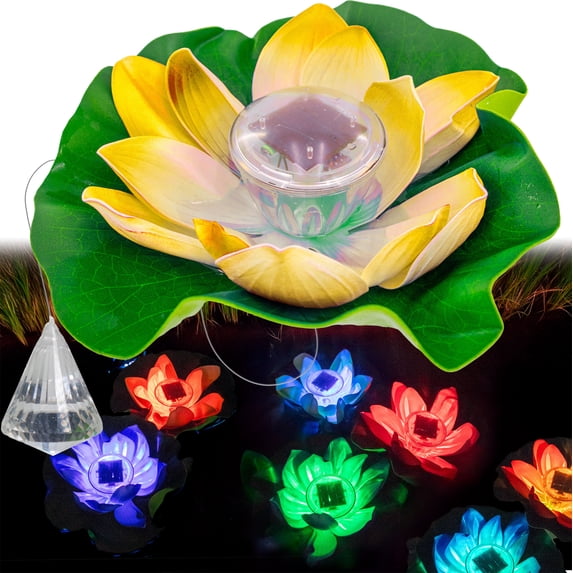 Solar Floating Lotus Flower Pool LED Lights - w/ Crysal Relfecting Anchor, Color Changing, Waterproof Pond Lily Pad Light Decor with Automatic Lights & Solar Panel - 1PC, Red
