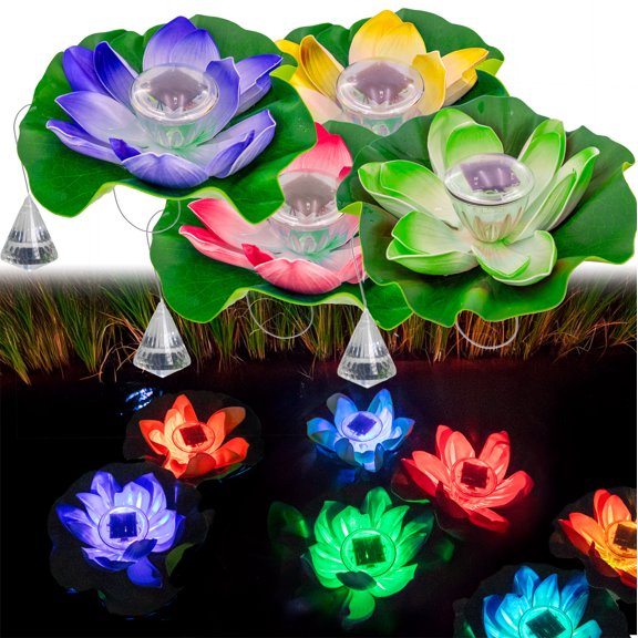 Solar Floating Lotus Flower Pool LED Lights - w/ Crysal Relfecting Anchor, Color Changing, Waterproof Pond Lily Pad Light Decor with Automatic Lights & Solar Panel - 4PC