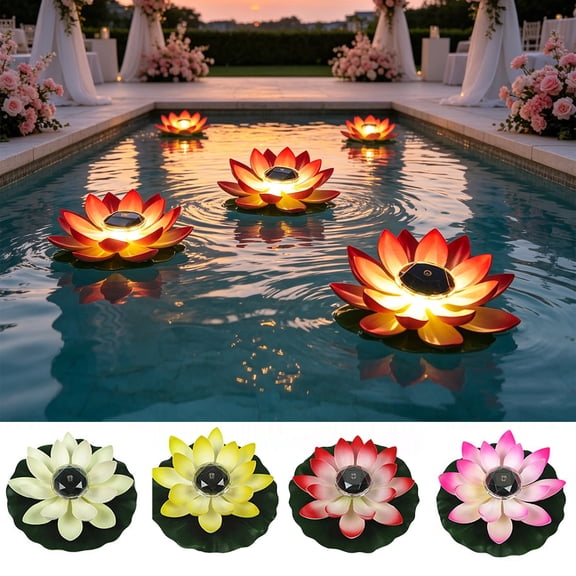 Solar Floating Lotus LED Pool Lights with Lily Pads, Waterproof Flower Pond Decor Lights, Outdoor Solar Lamp for Garden Pool Wedding Party Yard Decoration
