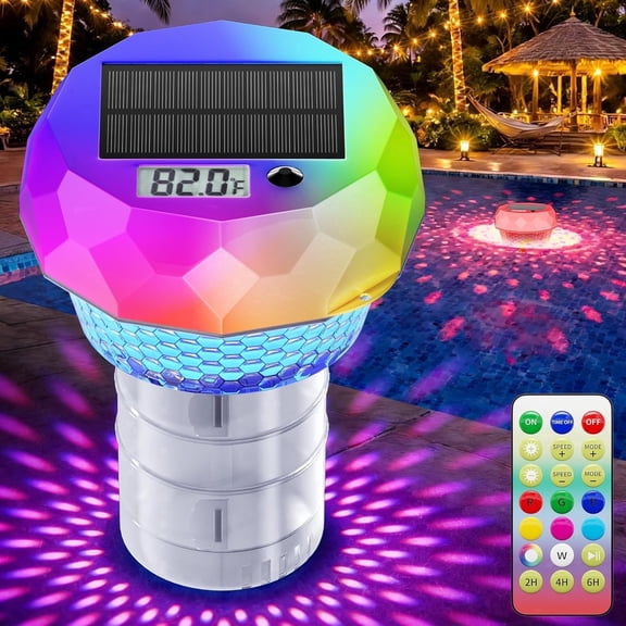 Solar Floating Pool Light, Upgraded Solar RGB Colour Changing Pool Floating Lights Floating Chlorine Dispenser with Thermometer Remote Control and RGB Light, Waterproof for Swimming Pool, Tablet