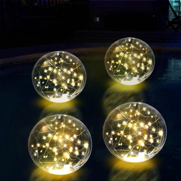 Solar Floating Pool Lights - 14" Inflatable Light UP Pool Glow Balls, 3000K Warm-White Led Pool Lights that Float for Party Decorations (White-4 Pack)