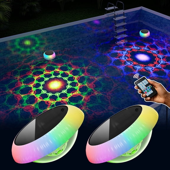 Yinghao 2 pack 6.5 inch Waterproof Solar Pool Lights RGB Up and Down Magic Lamp Timer Remote Control, Provide Underwater Dynamic Projection Patterns