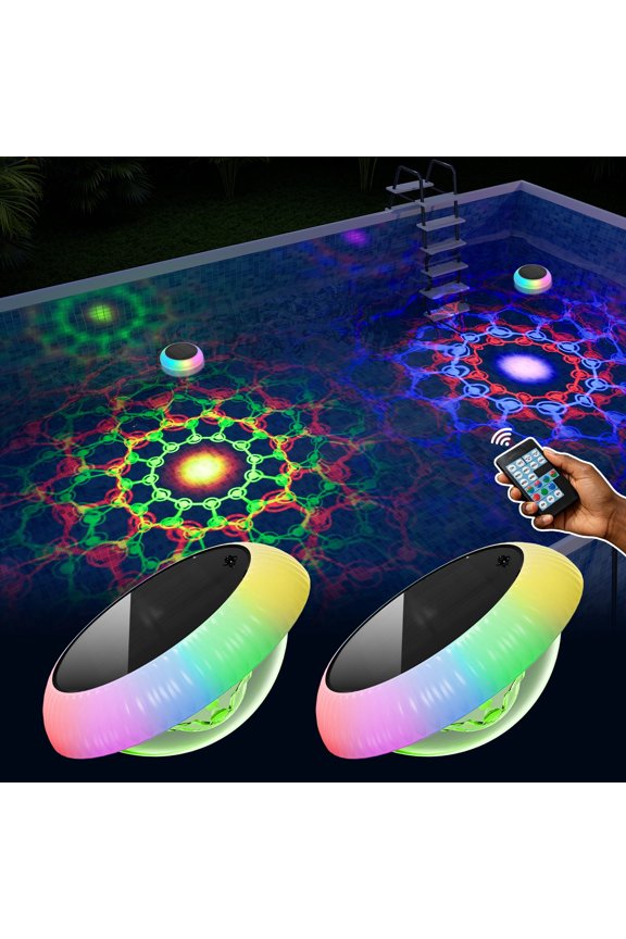 2 pack 6.5 inch Waterproof Solar Pool Lights RGB Up and Down Magic Lamp Timer Remote Control, Provide Underwater Dynamic Projection Patterns