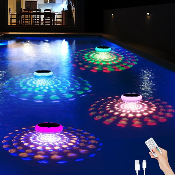 Solar Floating Pool Lights(4 PCS), USB Rechargeable Pool Lights, 2600mAh 6.7" IP68 Waterproof Pool Lights that Float with Remote, RGB 13 Colors Upper and Lower Glow Hangable Floating Light