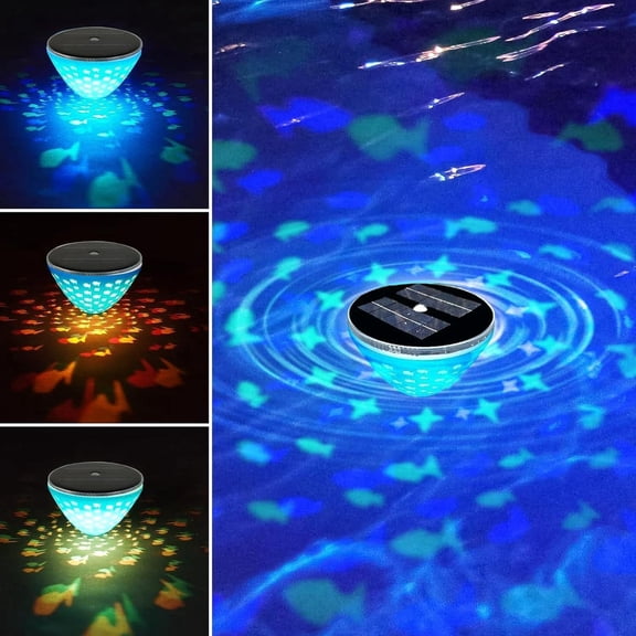 Solar Floating Pool Lights with Fish Projection, IP65 Waterproof Outdoor Water Floating Lamp, 5 Lighting Modes LED Decorative Night Light for Swimming Pool Pond Lake Garden Patio Backyard