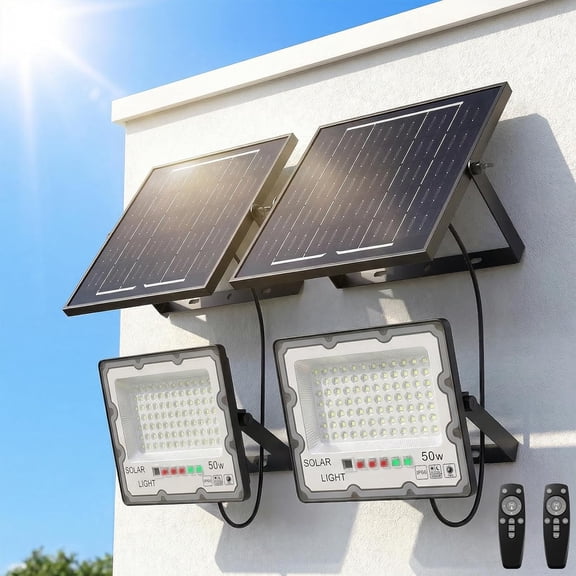 Solar Flood Light Outdoor Waterproof,  LED Street Light with Remote, Dusk to Dawn Solar-Powered Light, Split Type Security Light with  Cable for Parking Lot Yard Garage