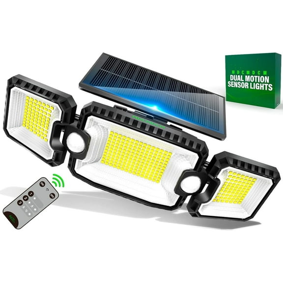 Solar Flood Lights Outdoor Waterproof Motion Sensor - 2 Sensors Floodlights Outdoor with RF Remote -3000LM 3 Modes 270° Illumination IP65 Solar Security Wall Light 1 Pack
