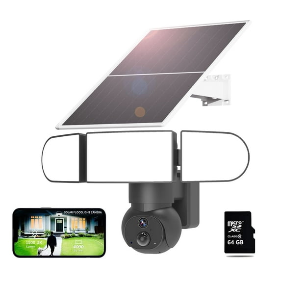 Solar Floodlight Camera - 360° PTZ, 2000LM Color Night Vision Wireless Outdoor| PIR Motion Sensor, 2.4G WiFi & IP65 Waterproof | 2-Way Talk, 64G Local Storage, No Subscription for Home Security