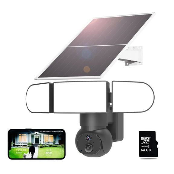 Solar Floodlight Camera - 360 PTZ, 2000LM Color Night Vision Wireless Outdoor| PIR Motion Sensor, 2.4G WiFi & IP65 Waterproof | 2-Way Talk, 64G Local Storage, No Subscription for Home Security