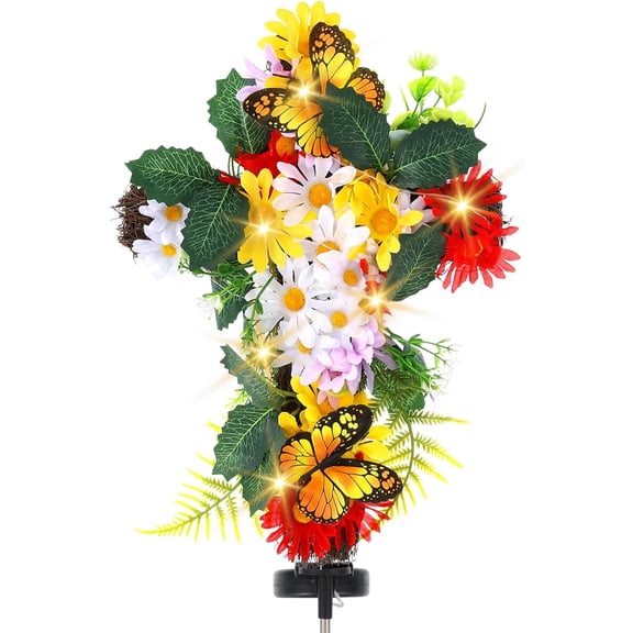 Solar Flower Cross Spring Garden Stake -Waterproof Artificial Flower &Natural Rattan Cross with LED Lights for Easter Cemetery GraveGarden