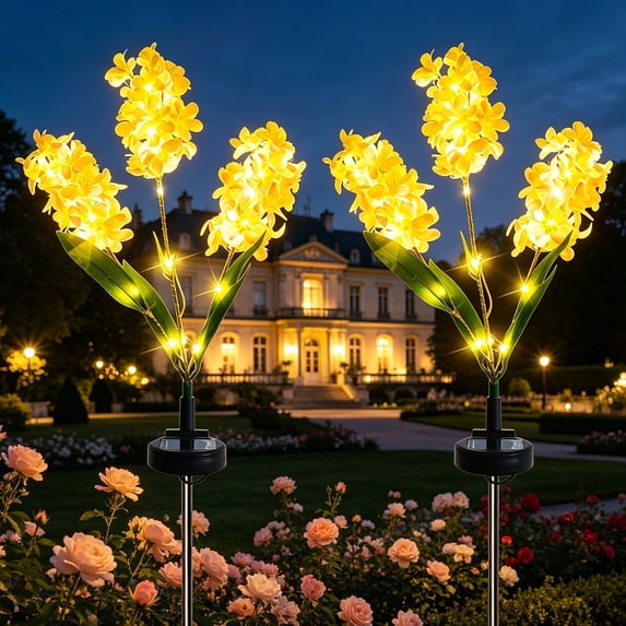 Rirool Solar Hyacinth Flower Lights Outdoor 2 Pack, Color Changing LED Garden Lights Waterproof Auto On/Off for Yard Patio Pathway Yellow