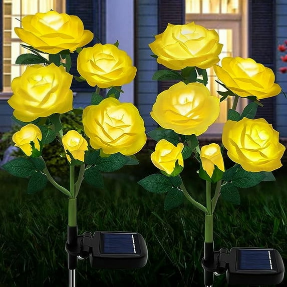 Solar Flower Lights Outdoor, LED Rose Flower Garden Decorative Stake Lights with 5 Rose Flowers for Pathway, Garden, Patio, Yard, Walkway(Yellow)