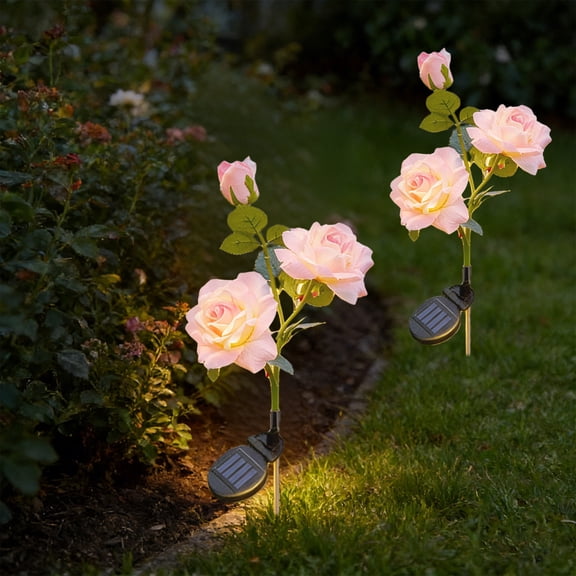 Solar Flower Lights, Pink Artificial Rose Garden Decor, Waterproof LED Solar Stake Lights for Pathway Lawn Patio Yard, Auto On/Off Landscape Lighting for Walkway Driveway Border Decoration