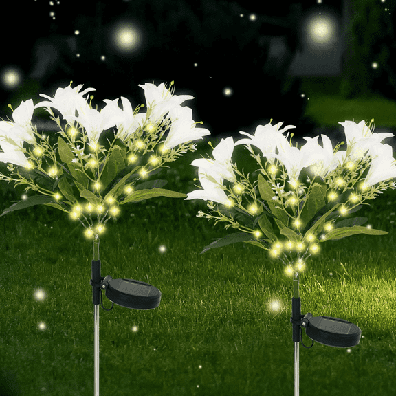 Solar Flowers,2 Pack LED Solar Lily,Waterproof 14 White Lily Flower Light,Solar Lilies Lights,Solar Garden Flowers for Lawn Patio Yard Garden(27.55 in High,Warm Light)