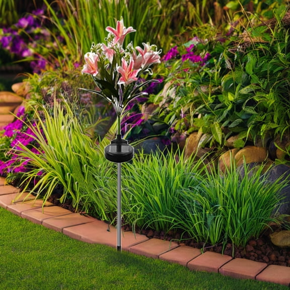 Solar Flowers,Flower Lights,Solar Lilium Flower Ground Plug Light Outdoor Courtyard Garden Decoration Mood Light LED Solar Artificial 7 Head Lilium Flower Light(Pink 28in)