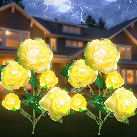 Solar Flowers Garden Lights Outdoor Waterproof [Updated] 2 Packs 10 Yellow Roses Solar Decorative Stake Lights for Patio Pathway Yard Lawn Decor