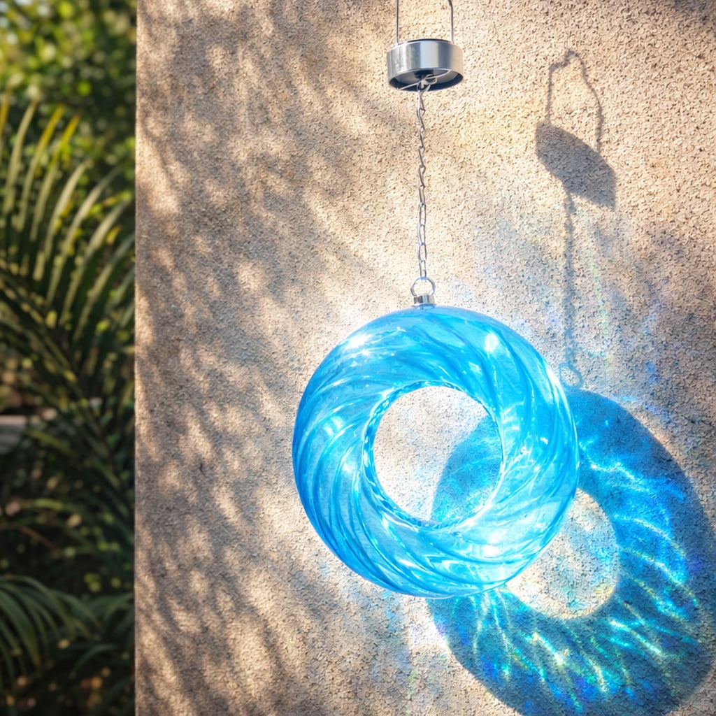 Solar Fly Through Bird Feeder Outdoor Garden Light LED Patio Round Glass with Mosaic Design Hanging Fly-Through Bird Feeder - 9" - Blue