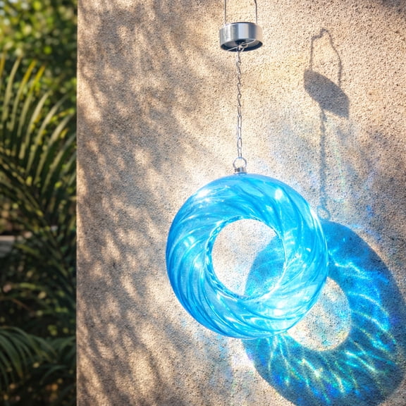 Solar Fly Through Bird Feeder Outdoor Garden Light LED Patio Round Glass with Mosaic Design Hanging Fly-Through Bird Feeder - 9" - Blue