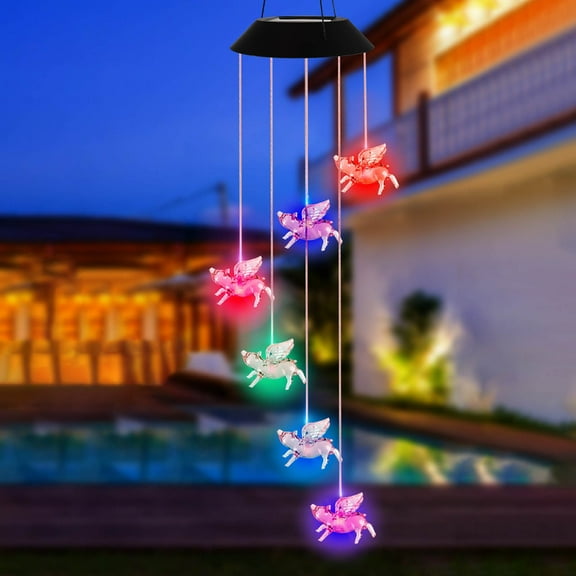 Solar Flying Pig Wind Chime Color Changing LED Lights with Sweet Tones Automatic Dusk to Garden Hanging Decor for Holiday Celebration