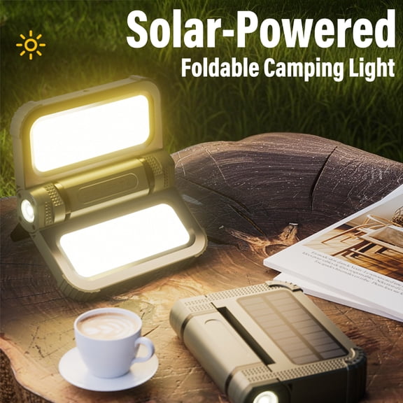 Solar Foldable Camping Light, 2000LM Rechargeable LED Lantern, Magnetic Base, Foldable Handle & Hidden Hooks, Portable Flashlight Lamp for Camping, Hiking, Fishing, Emergency (Military Green, Khaki)