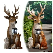 Solar Forest Wildlife Statue Light With Rabbit Hedgehog & Bird Figurine Waterproof Solar Lantern Wildlife Sculpture Lamp For Garden YardBrown-10X8X20Cm