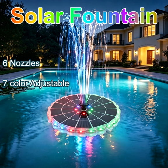 Solar Fountain with 7 Color LED Lights, Solar Fountain Pump with 6 Interchangeable Nozzle Styles, Solar Pump for Bird Bath Pond Pool Garden by IHHXPRO