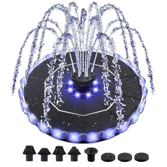 Solar Fountain for Bird Bath with 2000mAh Battery & 3D Color Changing LED Light, Anti-Drift Fixer & 8 Nozzles, Solar Powered Water Fountain Kit for Garden, Patio, Pond