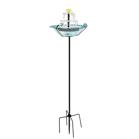 Solar Fountain Bird Feeder, Glass Bird Bath with Metal Stake Stand and Upgraded Water Spray System Outdoor Water Feature Fountain for Garden Yard Decoration, Blue