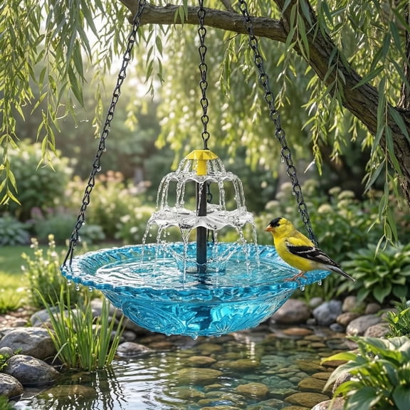 Solar Fountain Birdbath, Outdoor Hanging Bird Bath Fountain, Outdoor Hanging Birdbath with Solar Pump, Large Glass Bowl for Wildlife Landscape Yard Nature Lovers Porch Backyard Outdoor