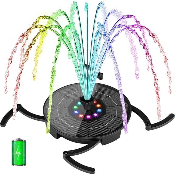 Solar Fountain with LED Lights, Bird Bath Powerd Works in Cloudy & 2000mAh Battery Backup, 4 Fixed Rods, 7 Nozzles, Outdoor Water for Brid Bath, Garden, Pool, Pond