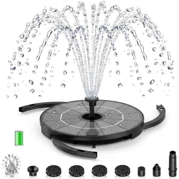 Solar Fountain Pump with Windmill & 6 Nozzles 3 Fixed Bracket, DIY Bird Bath Built-in 1000mAh Battery for Outdoor, Garden, Pond, Pool, Backyard and