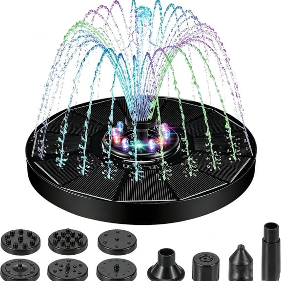 Solar Fountain, Solar Bird Bath Fountain, Solar Powered Floating Water Fountain with 8 Nozzles & LED Lights for Bird Bath Garden Pond Pool Aquarium