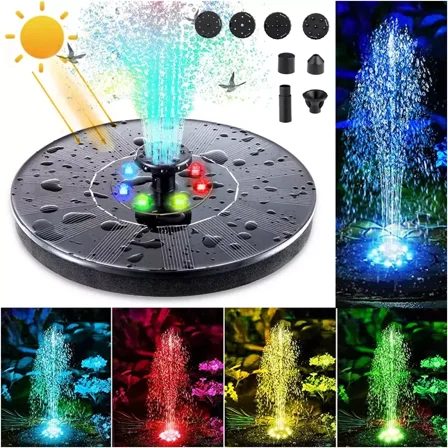 Solar Fountain, Solar Bird Bath Fountain, Solar Powered Water Fountain with Color LED Lights 8 Nozzles for Bird Bath, Fish Tank, Pool, Aquarium and Garden Decoration