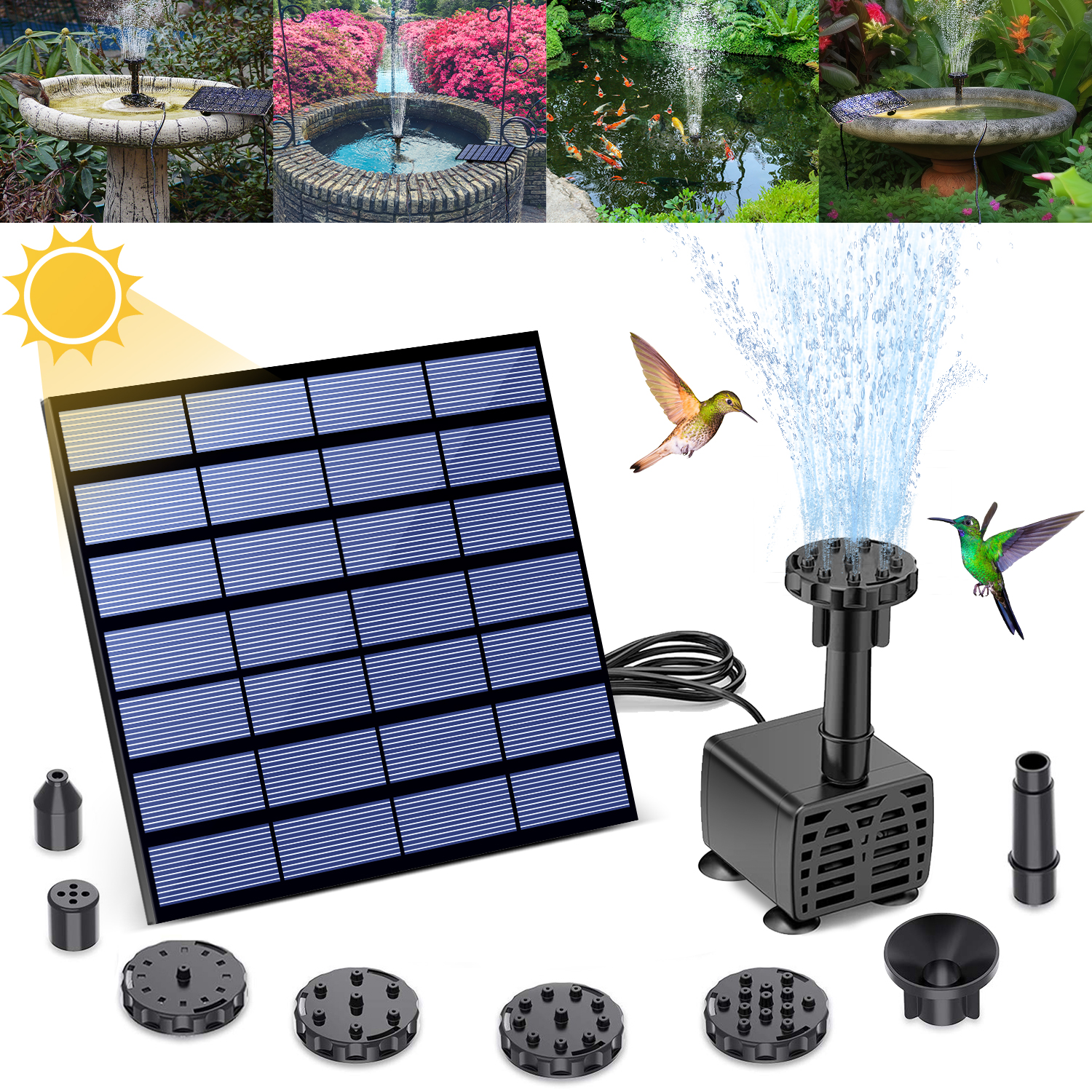 "Solar Powered Bird Bath Fountain Pump， 1.4W Solar Panel Kit Water