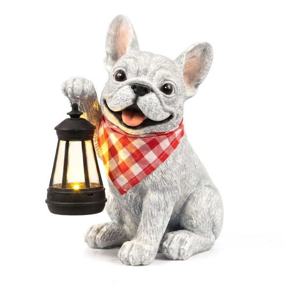 Solar French Bulldog Garden Statue with Lantern Waterproof Outdoor Bulldog Sculpture Decor Dog Memorial Statue for Patio Yard Lawn