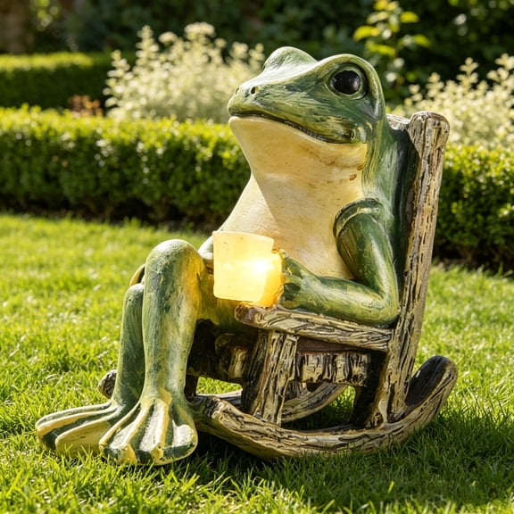Solar Frog Figurine Light Outdoor Garden Decor Resin Statue with Rocking Chair and Cup Design, Housewarmings Gift for Patio Yard Lawn Ornamen