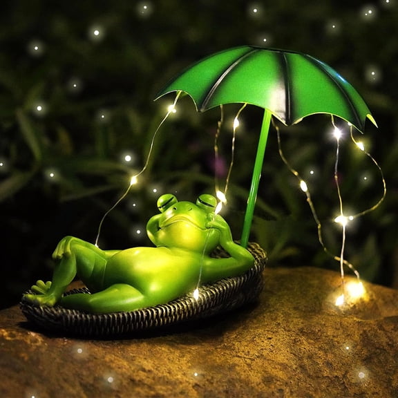 Solar Frog Garden Decor, Turtle Garden Statue Light Frog Umbrella Solar-Powered Figurine LED Lights for Patio, Lawn, Balcony, Outdoor Decoration