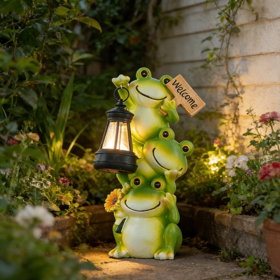 Solar Frog Garden Light Lantern – Outdoor Solar Powered Resin Statue, Stacked Frog Figurines with Warm LED for Yard, Lawn, Porch, Balcony Decor