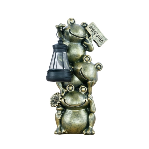 Solar Frog Garden Statue, Solar Powered LED Lantern Decor, Stacked 3 Frogs with Welcome Sign 11.8 inch Patio Yard Lawn Ornament, Outdoor Porch Pathway Courtyard Holiday Decorative Figurine