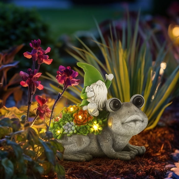 Solar Frog Gnome Garden Statue with Succulent & LED Lights, 7.5" Resin Outdoor Decor for Patio, Yard, Lawn
