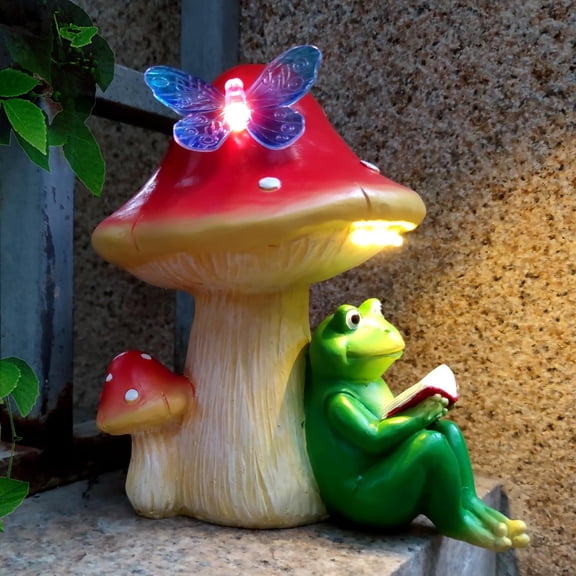 Solar Frog Mushroom Garden Statues,Statuettes of Frog Mushroom Reading a Book Figurine with Solar Lights, Lawn Decor Outdoor Statue for Patio,Balcony,Yard,Lawn Ornament