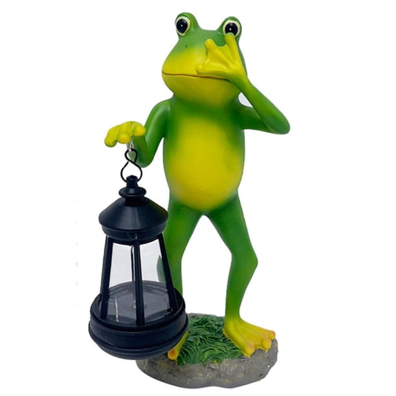 Solar Frog Statue Decorative Figurine Hand Painted Resin Frog with Lantern Artificial Turf Base Patio Yard Waterproof Night Light 9.5in