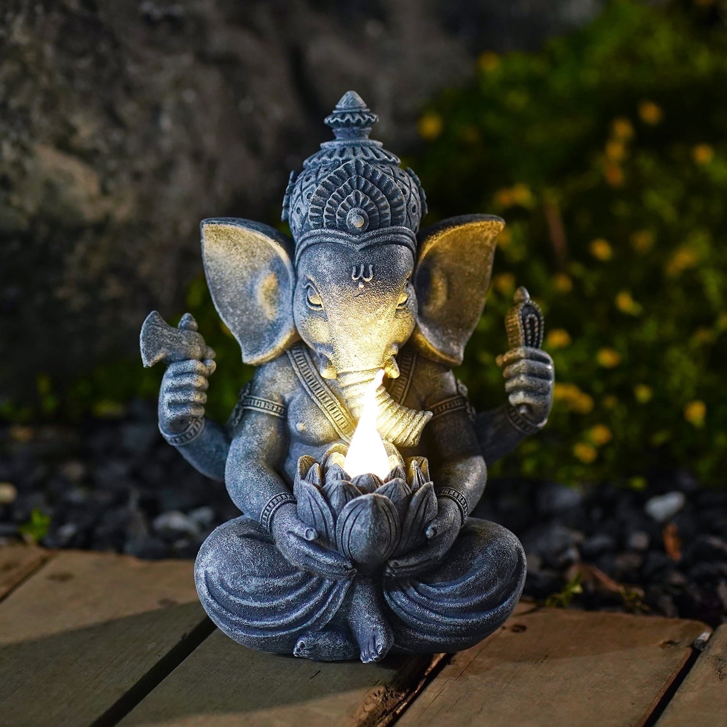 Solar Ganesha Elephant Garden Statues -Outdoor Sculptures with Lotus Lights Decor for Garden Yard Art