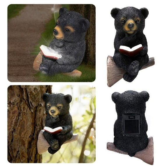 Bear Garden Solar Lighting Ornament - Resin Black Bear Reading Book Outdoor Patio Sculpture and Statue for Garden