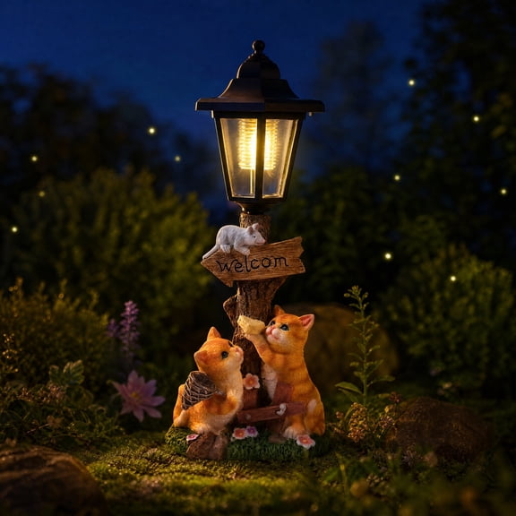 Solar Garden Cat Statue Light, Hand-Painted Resin Outdoor Figurine with Vintage Street Lamp, Auto-On Warm White LED Night Light, Waterproof Yard Decor Planter for Backyard Patio Pathway Garden